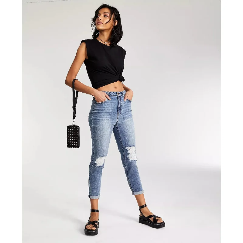 VS Destructed Cinched Waist Mom Jeans Stylish Bootcut Denim Jeans
