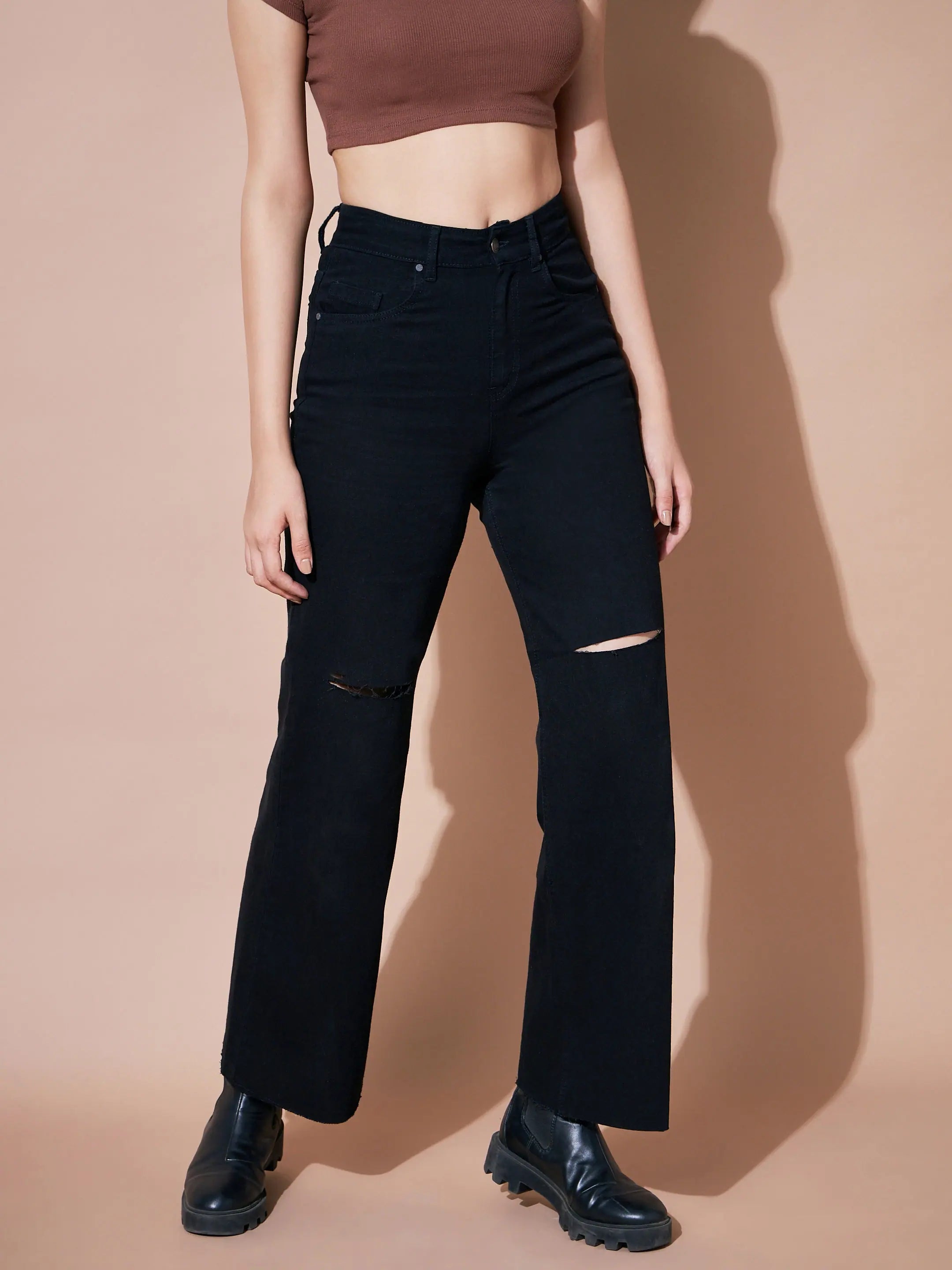 Women Black Denim Premium Knee Slit Straight Jeans Fashionable Raw Hemmed Jeans