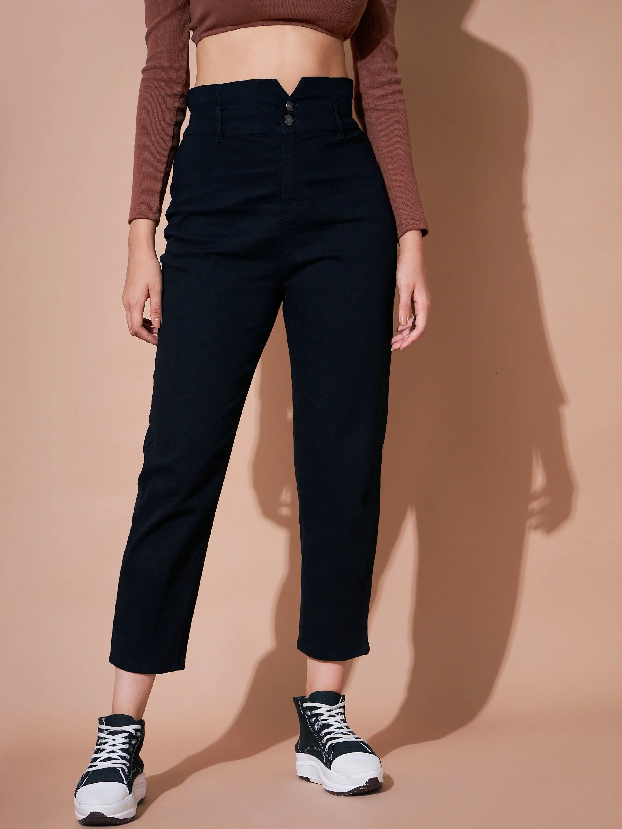 Women Black Denim Premium Paper Bag Jeans Fashionable Distressed Jeans