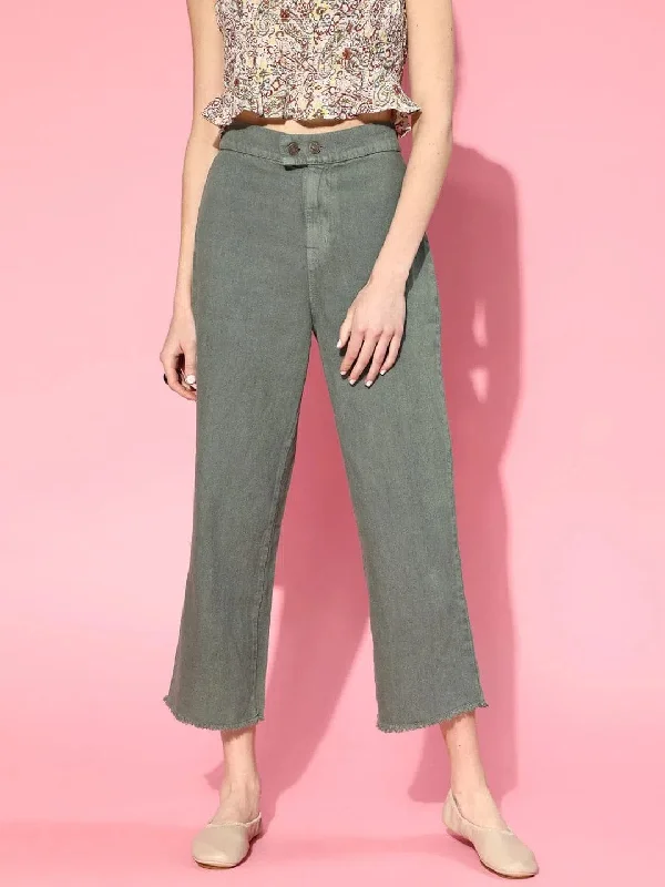 Women Grey Double Button Straight Jeans Trendy Wide-Legged High-Waist Jeans