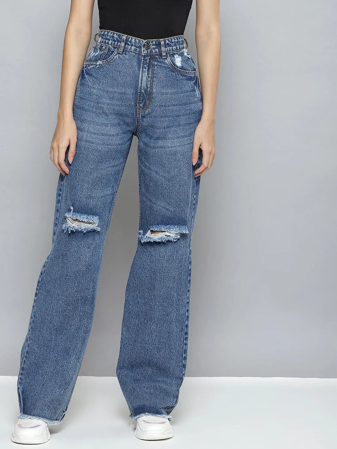 Women Ice Blue Wide Leg Distressed Slit Jeans Elegant Dark-Wash Bootcut Jeans