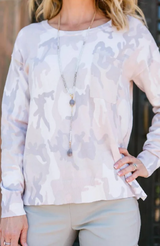 Charming Camo Long-Sleeve Sweater In Blush Fleece Fabric Down Fabric Feather Fabric