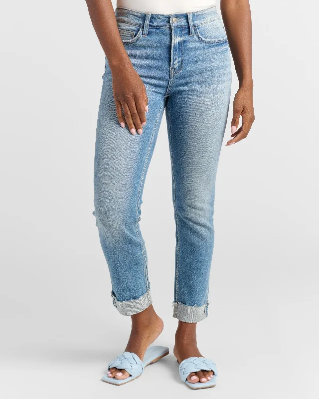 Mid Rise Cuffed Slim Straight Jeans Trendy Skinny Fit Jeans