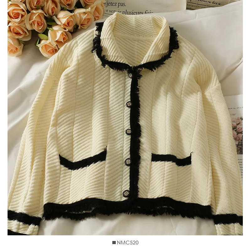 Hong Kong style retro color matching tassel single breasted sweater  2050 Wool Fabric Cashmere Fabric Tweed Fabric
