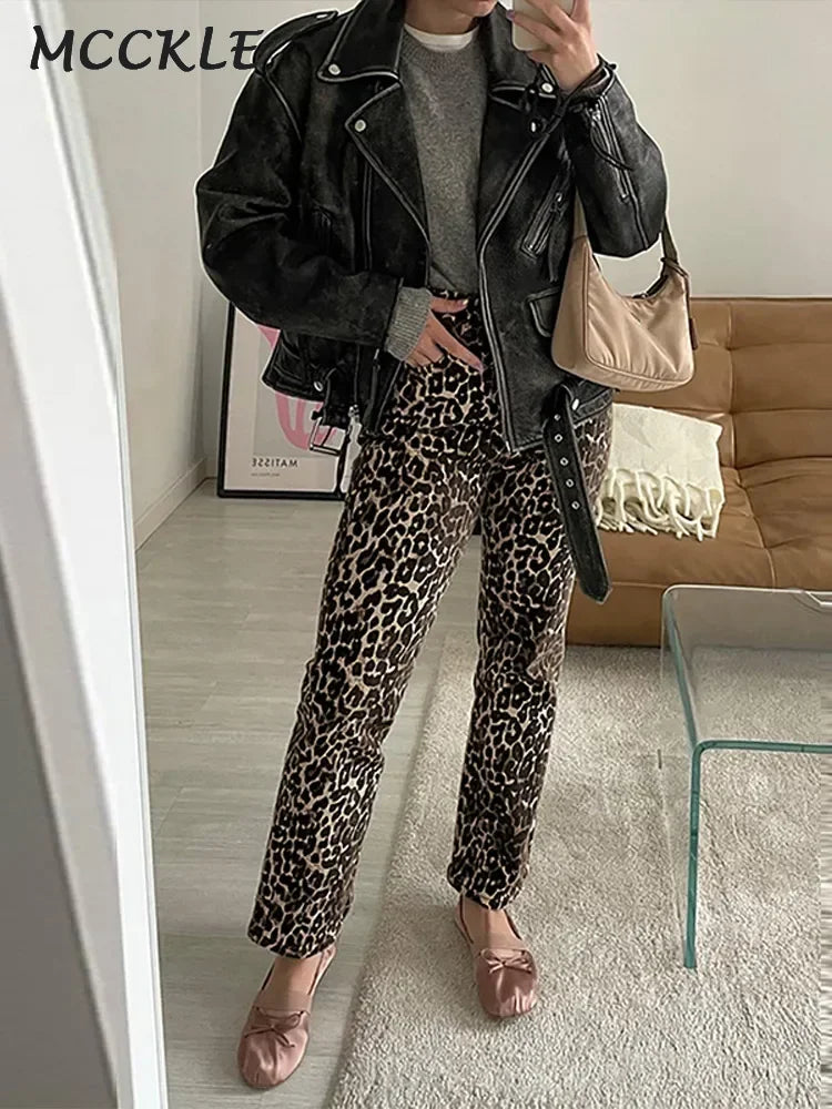 Leopard Print Jeans Trousers Women Elegant Slim Button Zipper Pencil Pants Fashionable Cropped Denim Jeans
