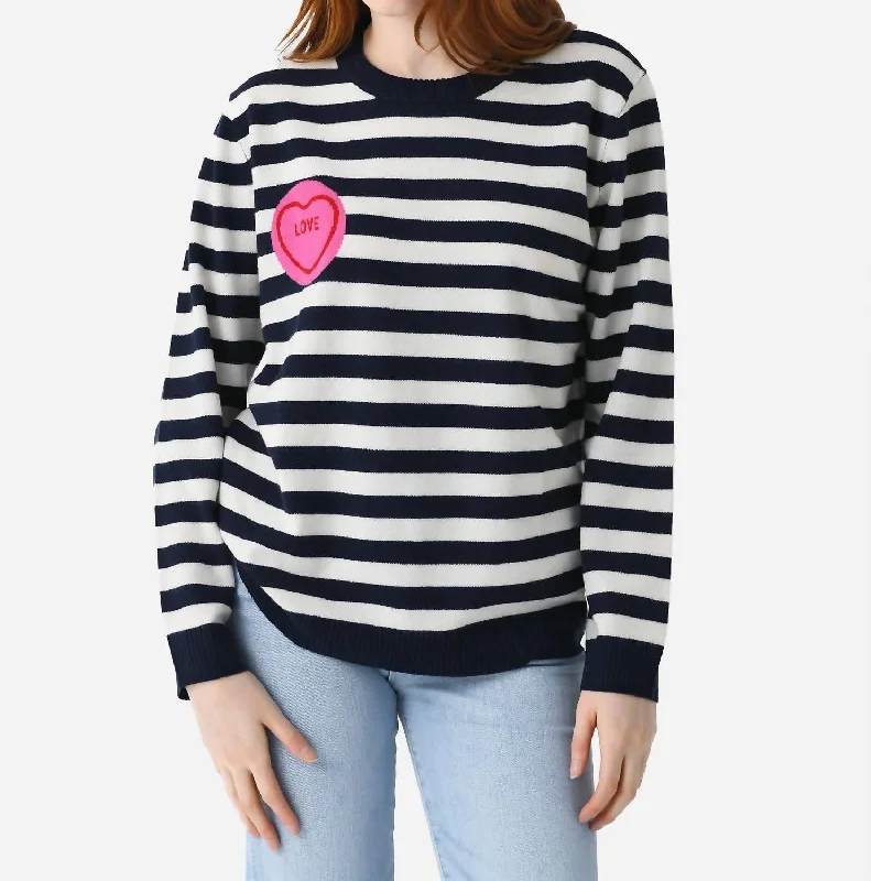 Stripe Love Crew Sweater In Bright White Honeysuckle High Neck Crew Neck V-Neck