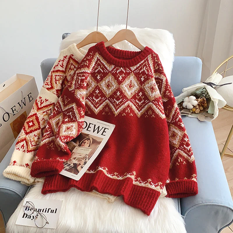 Vintage Lingge lazy wind Red Christmas Sweater  4970 Terry Terry Cloth Terry Knit