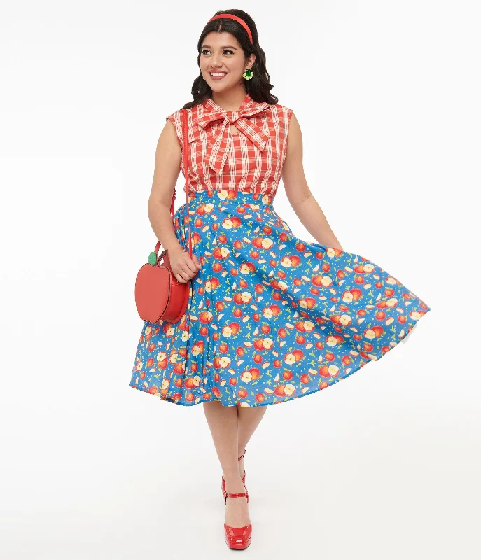 1950s Blue & Red Apple Print Swing Skirt button skirt front