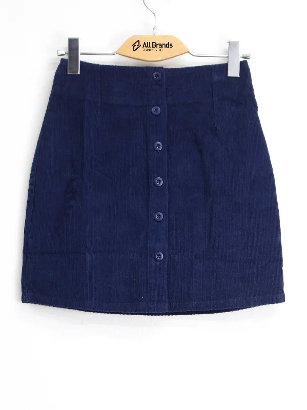 Women's Ribbed Velvet Skirt,Navy button skirt front