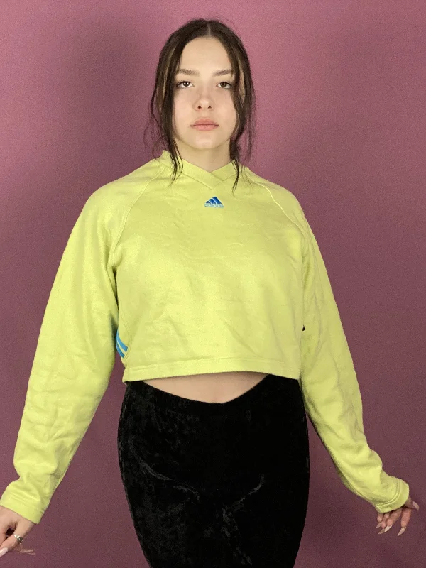 90s Adidas Vintage Girls Cropped Sweatshirt - XL Green Cotton Blend Hoodie with Earth Tones Natural Calm 90s Adidas Vintage Girls Cropped Sweatshirt - XL Green Cotton Blend Hoodie with Earth Tones Natural Calm