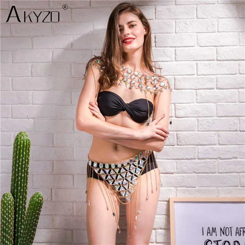 AKYZO Women Acrylic Crystal Tassel Skirt Set Summer Beach Hollow Handmade Metal Chain Patchwork Shining Boho Lady Mini Skirts silk skirt lustrous