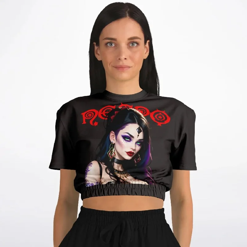 Necro - Red Logo - Evil Woman - Athletic Cropped Short Sleeve Sweatshirt Hoodie with Color Block Contrast Stylish Necro - Red Logo - Evil Woman - Athletic Cropped Short Sleeve Sweatshirt Hoodie with Color Block Contrast Stylish