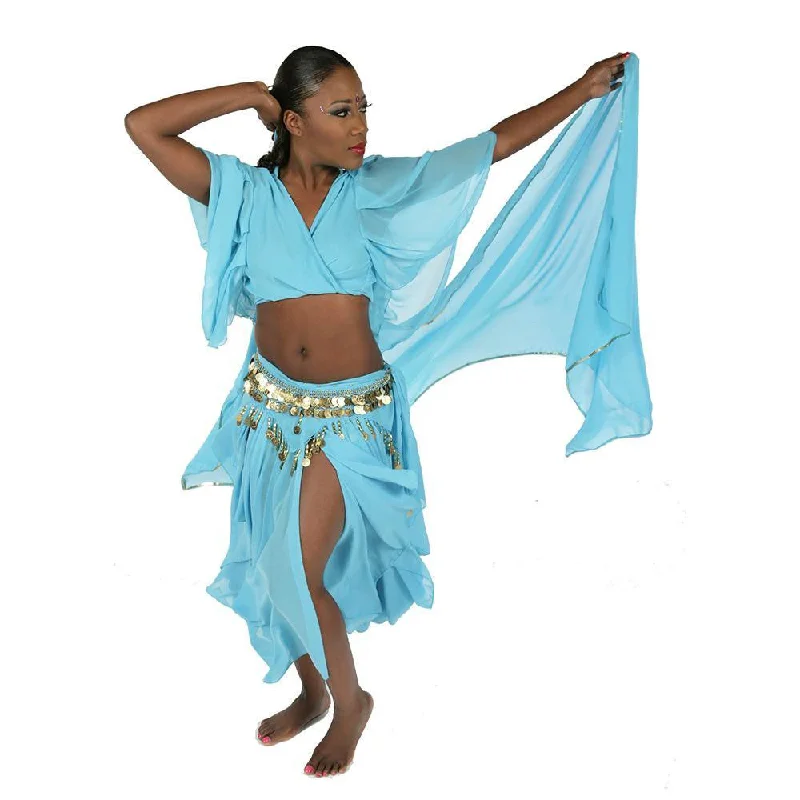 Belly Dance Skirt, Top, Veil, & Hip Scarf Costume Set | SERENITY SERENADE chiffon skirt floaty