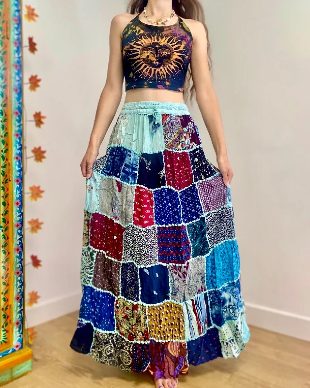 Blue Patchwork Maxi Skirt asymmetrical skirt cut
