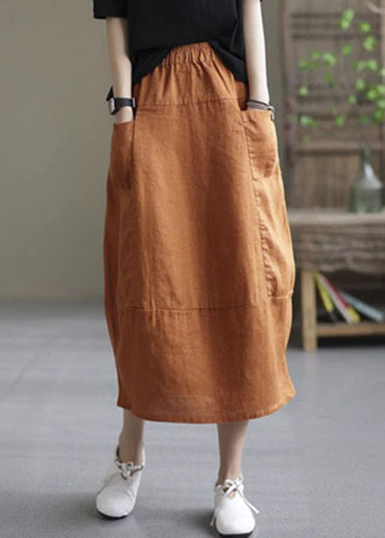 Boutique Orange elastic waist Pockets Patchwork Linen Skirt Spring cashmere skirt fine