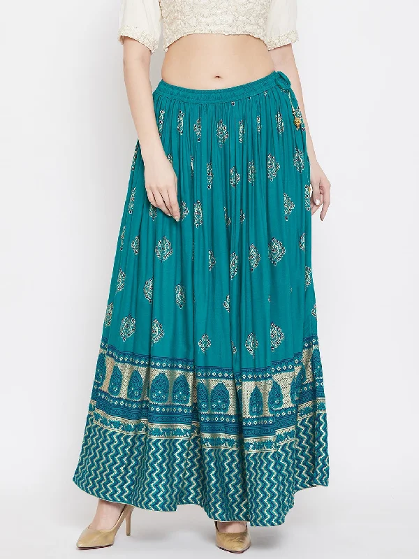 Women'S Turquoise Flared Printed Maxi Skirt lace skirt delicate