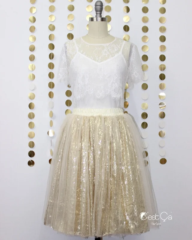 Chloé Gold Sequin Tulle Skirt - Midi seamless skirt comfort