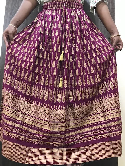 Elegant Wine Color Printed Work Rayon Skirt For Women high slit skirt