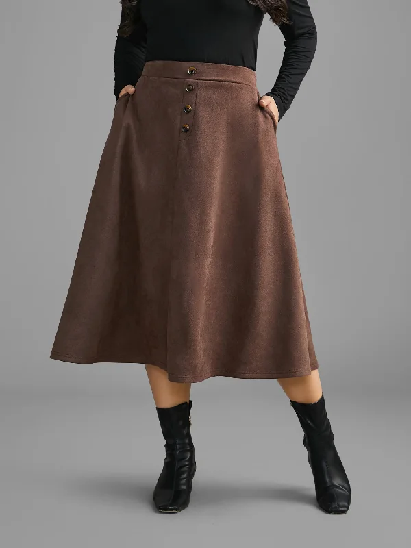 Faux Suede Button Detail Pocket Skirt velvet skirt rich