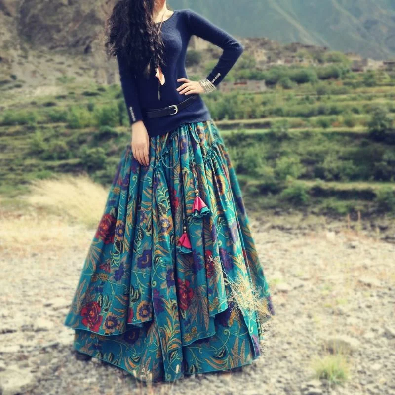Floral Print Bohemian Pleated Maxi Skirt pencil skirt chic
