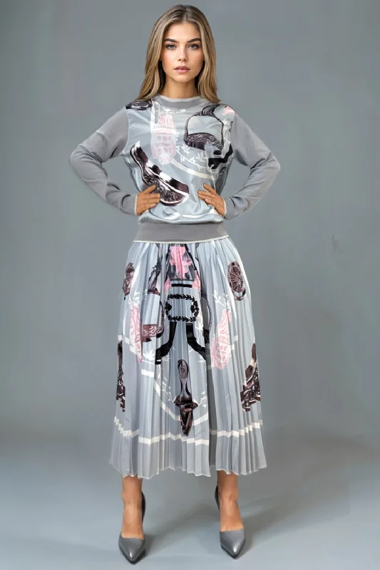 H5816A TOP/ PLEATED SKIRT SET silk skirt elegant