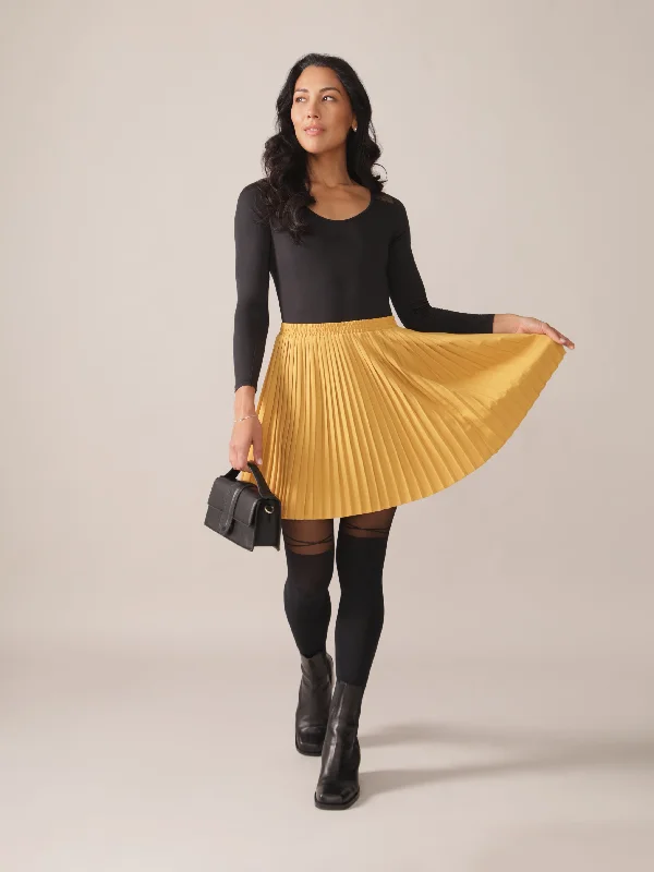 Hazel Pleated OTK Skirt in Honey Gold velvet skirt glossy