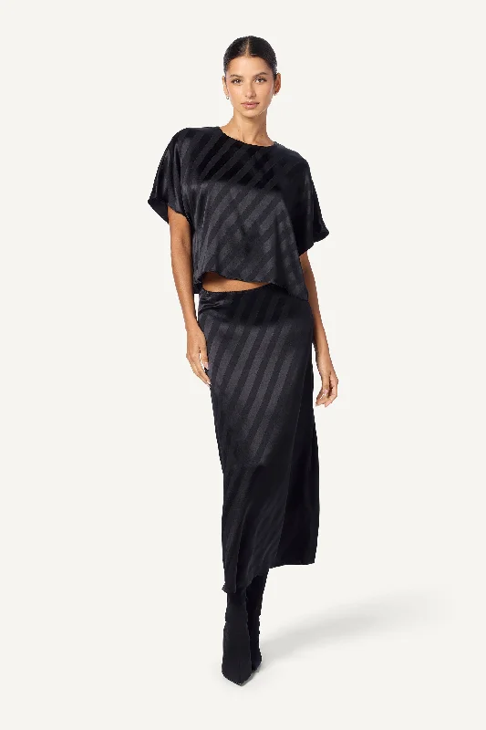KELLEY BIAS CUT MAXI SILK SKIRT W/ ELASTIC TRIM | BLACK chiffon skirt airy