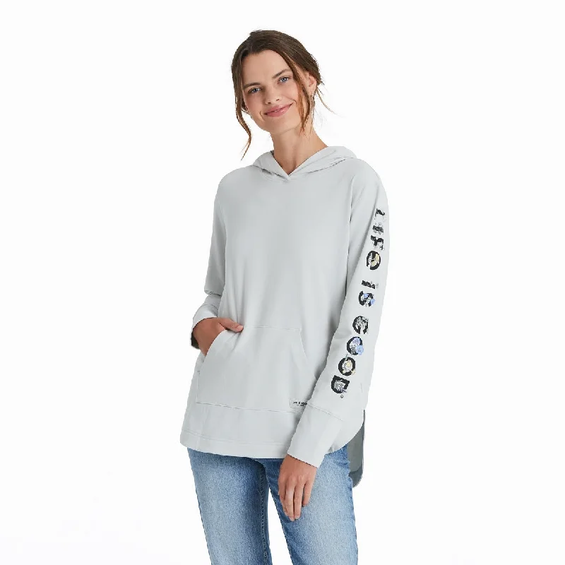 Life is Good Women's Botanical Garden LIG Crusher-FLEX Hoodie Tunic, Fog Gray Hoodie with Hem Patch Decorative Personalized