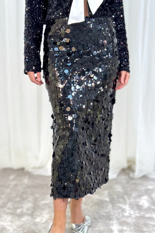 Millie Long Sequin Skirt In Black denim skirt classic