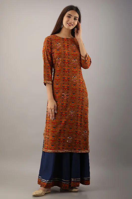 Multicolor Rayon Straight Womens Kurta with Skirt Set ribbed skirt waist
