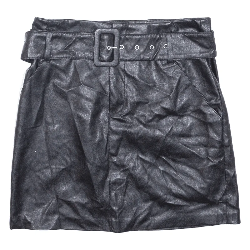 ONLY Leather Feel Belted Womens Straight Skirt Black Short UK 8 leather skirt sleek