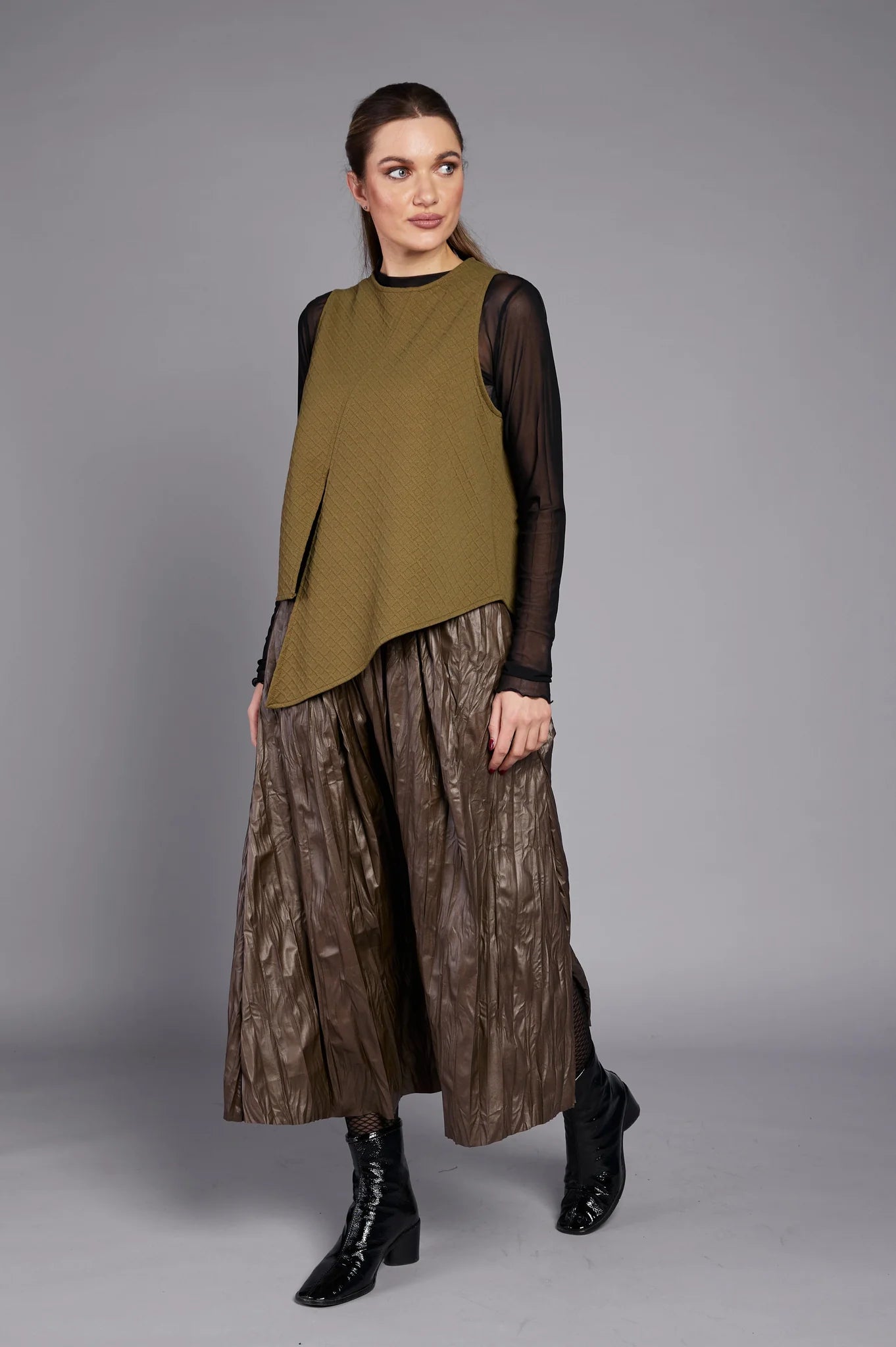 Paolo Tricot, WT330004 Pleated Skirt, Olive cashmere skirt soft