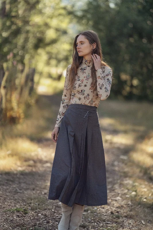 Pin Closure Wrap Skirt-Grey breathable skirt fabric