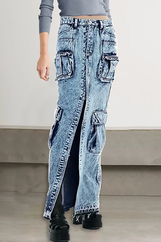 Pocket Patchwork Slit A-line Denim Cargo Skirt a-line skirt cut