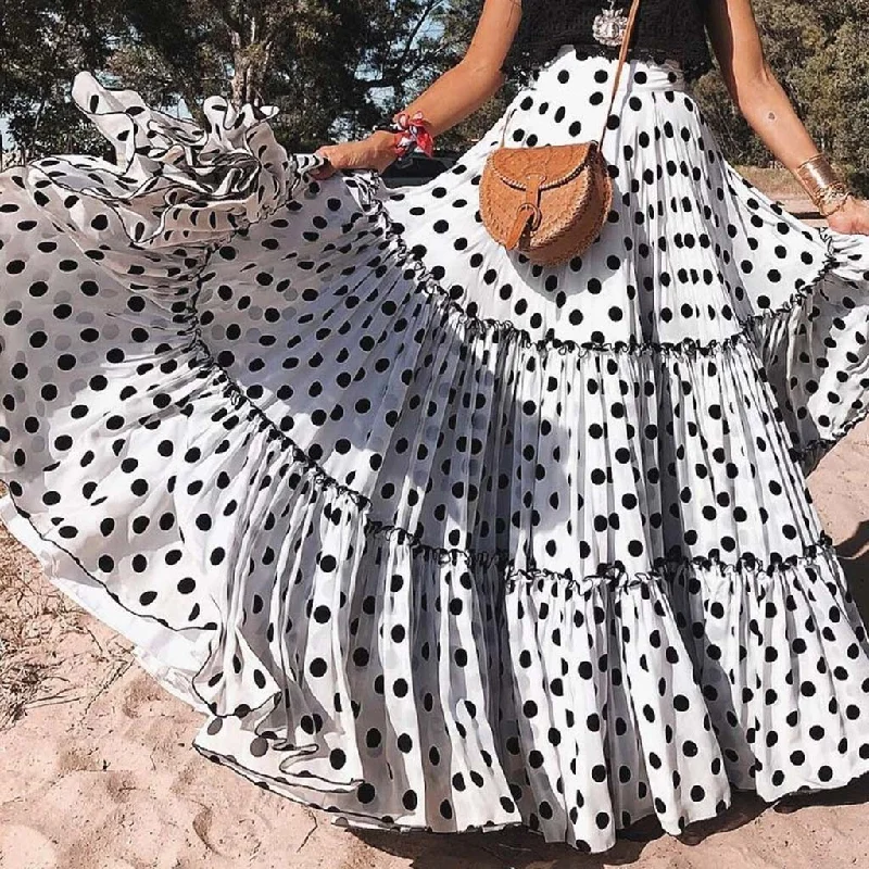 Polka Dot Maxi Layered High Waist Pleated Skirt linen skirt light