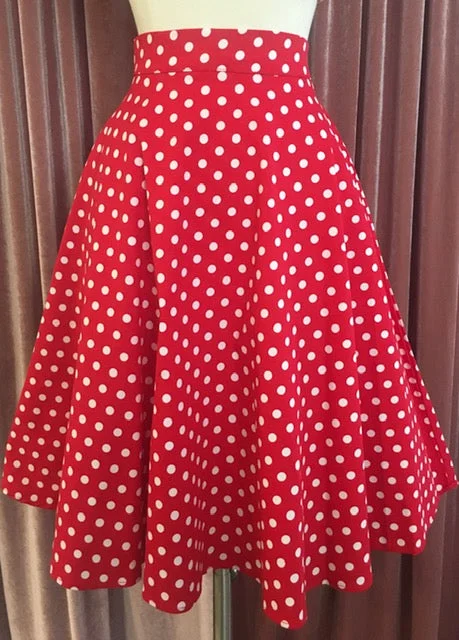 Retro Gal Polka Dot Swing Skirt in Red spandex blend skirt