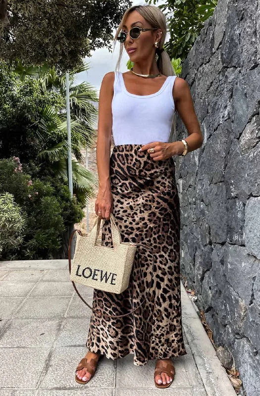Riva Satin Leopard Print Maxi Skirt-Brown velvet skirt luxurious