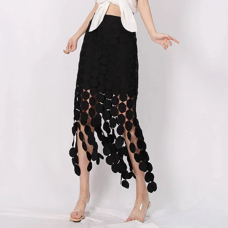 Hollow Out Embroidery Skirt Pencil Skirt Black leather skirt bold