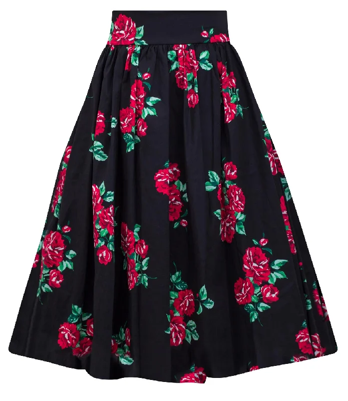 Black & Red Floral Spanish Rose Swing Skirt silk skirt luxurious
