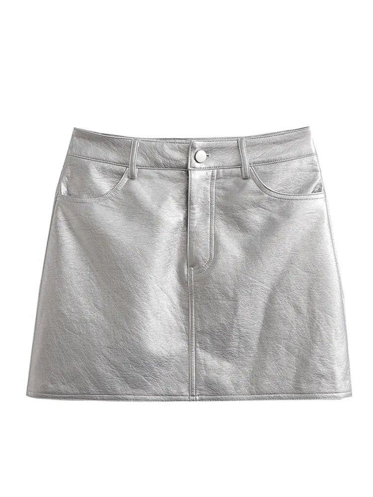 A&A Front Pockets Faux Silver Leather Mini Skirt linen skirt relaxed