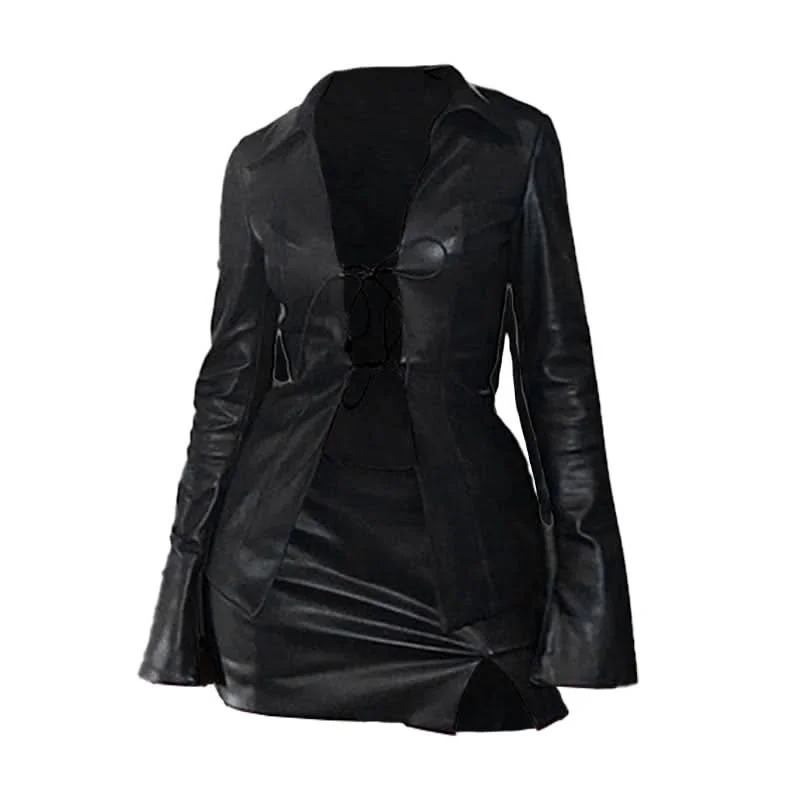 Turnover collar long sleeve PU leather self tie mini skirt set wool skirt sturdy