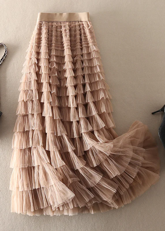 Unique Chocolate Apricot Patchwork wrinkled Tulle Skirts Spring high slit skirt