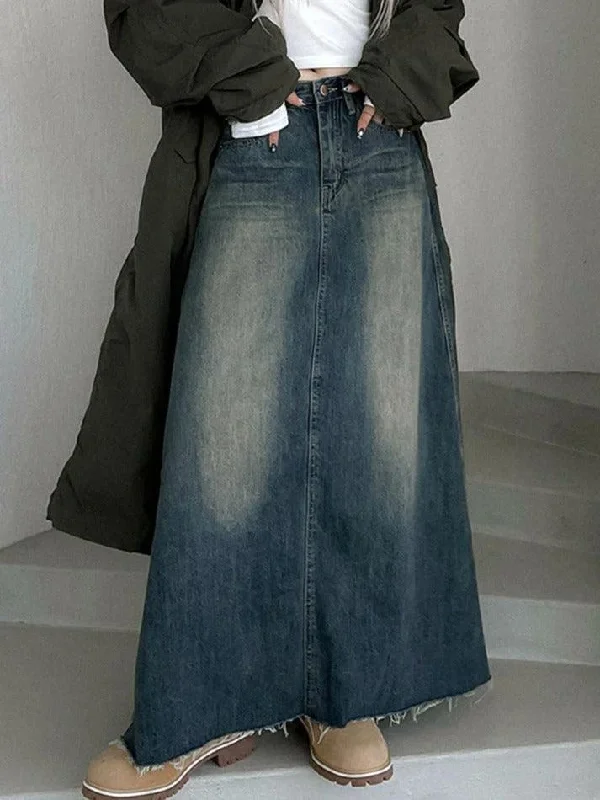 Vintage Washed Denim Maxi Skirt chiffon skirt lightweight