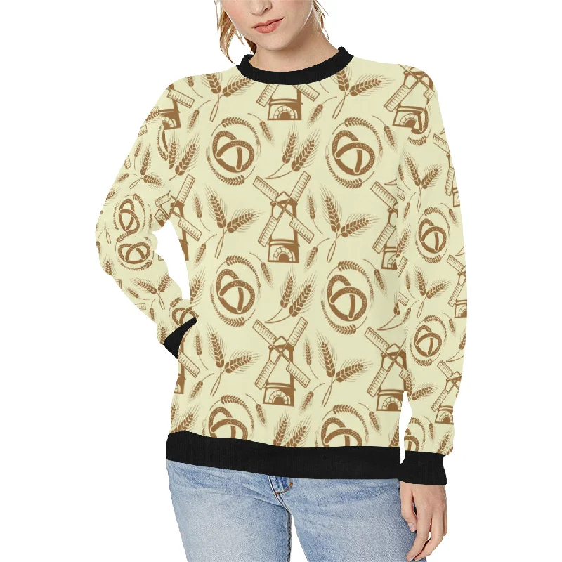 Windmill Wheat pattern Women's Crew Neck Sweatshirt Hoodie with Zipper Placket Modern Functional Windmill Wheat pattern Women's Crew Neck Sweatshirt Hoodie with Zipper Placket Modern Functional