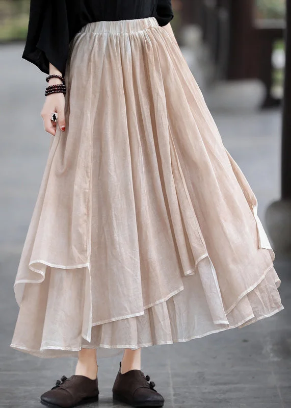 Women Khaki elastic waist Asymmetrical Design layered Linen Skirts Summer velvet skirt glossy