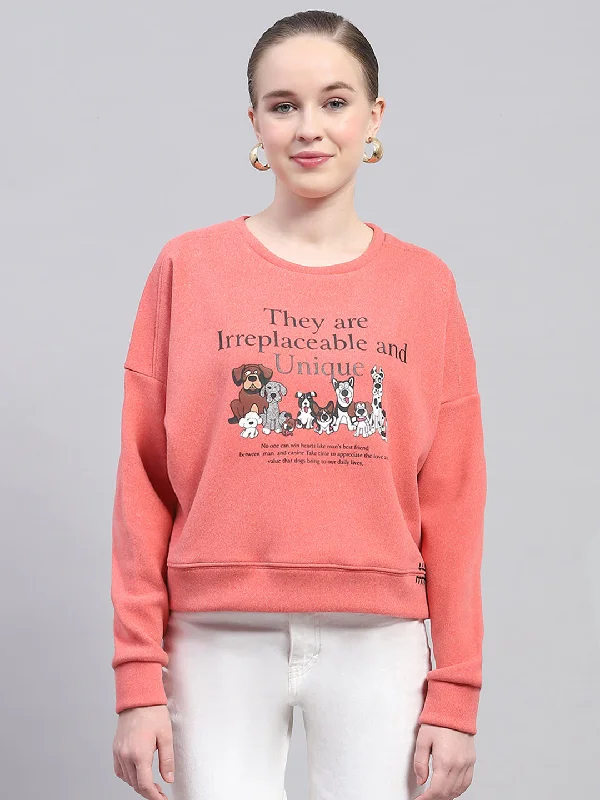 Women Peach Printed Round Neck Full Sleeve Sweatshirt Hoodie with Hem Ribbing Snug Secure
