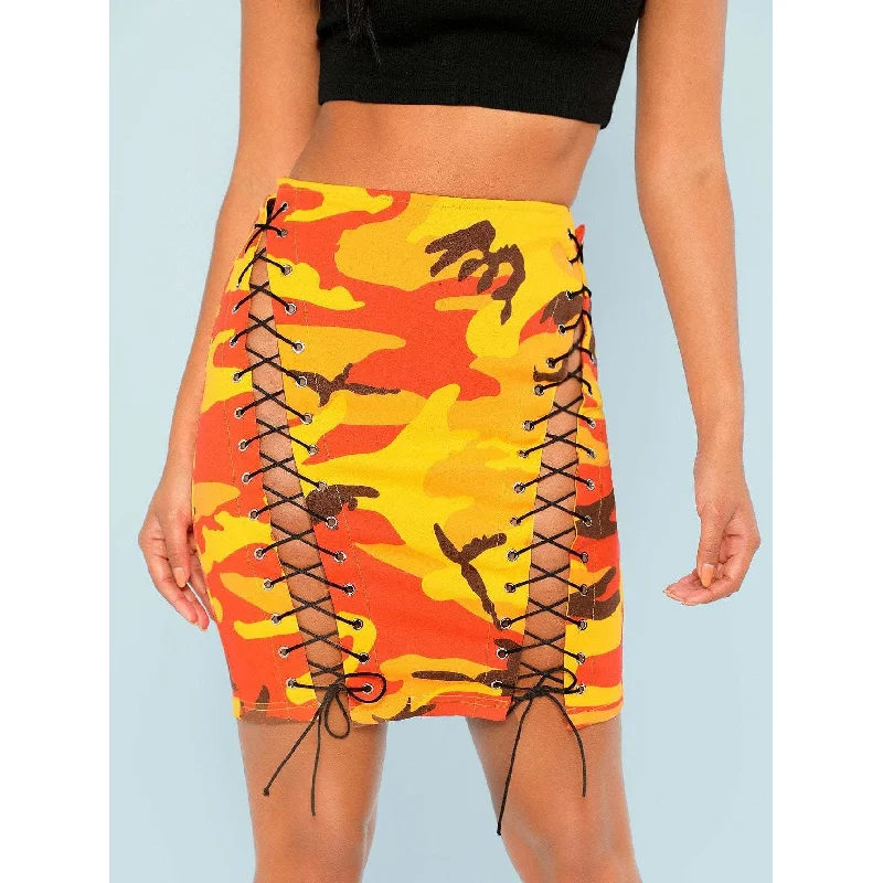 Yellow Camo Print Lace Up Skirt cashmere skirt fine