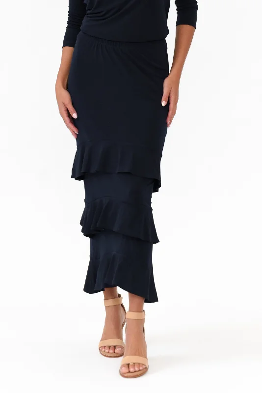 Zella Navy Tiered Frill Skirt midi skirt versatile